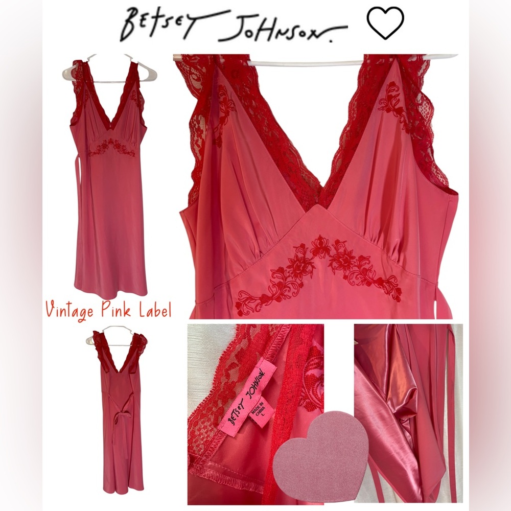 RARE VTG Betsey Johnson Pink Silk-Feel Lace Slip Dress Nightgown Punk Label L